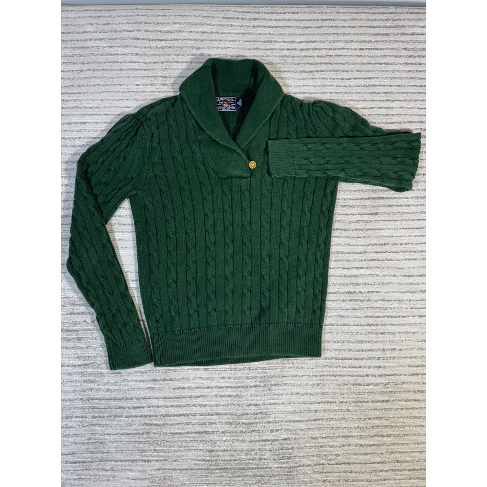 American Living Womens Green Cable Knit Shawl Collar Cotton Sweater Size M